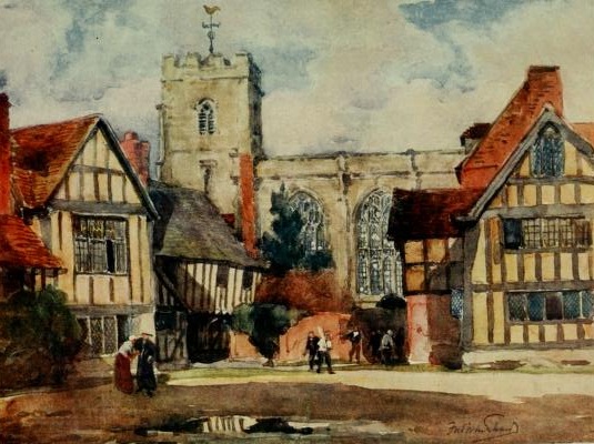 The grammar school at Stratford-on-Avon. From Warwickshire, the land of Shakespeare.  
Clive Holland. (1922)