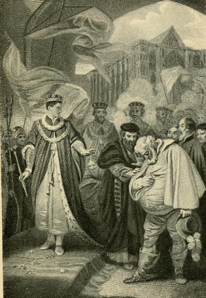 Falstaff with King Henry (2 Henry IV 5.5). From The story of English kings, according to Shakespeare, by J. J. Burns.