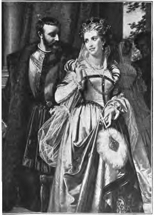 Beatrice and Benedick, 'Do you not love me?' (5.4). From Stories of Shakespeare's Comedies by Helene Adeline Guerber. Illus. H. Merle