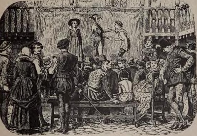 A play staged at an inn-yard. From 'The Development of Shakespeare as a Dramatist' by George Pierce Baker, 1907.