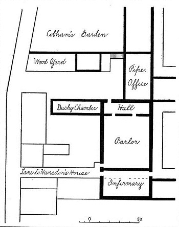 A diagram illustrating the Blackfriars. From The conventual buildings of Blackfriars, London. Joseph Quincy Adams.